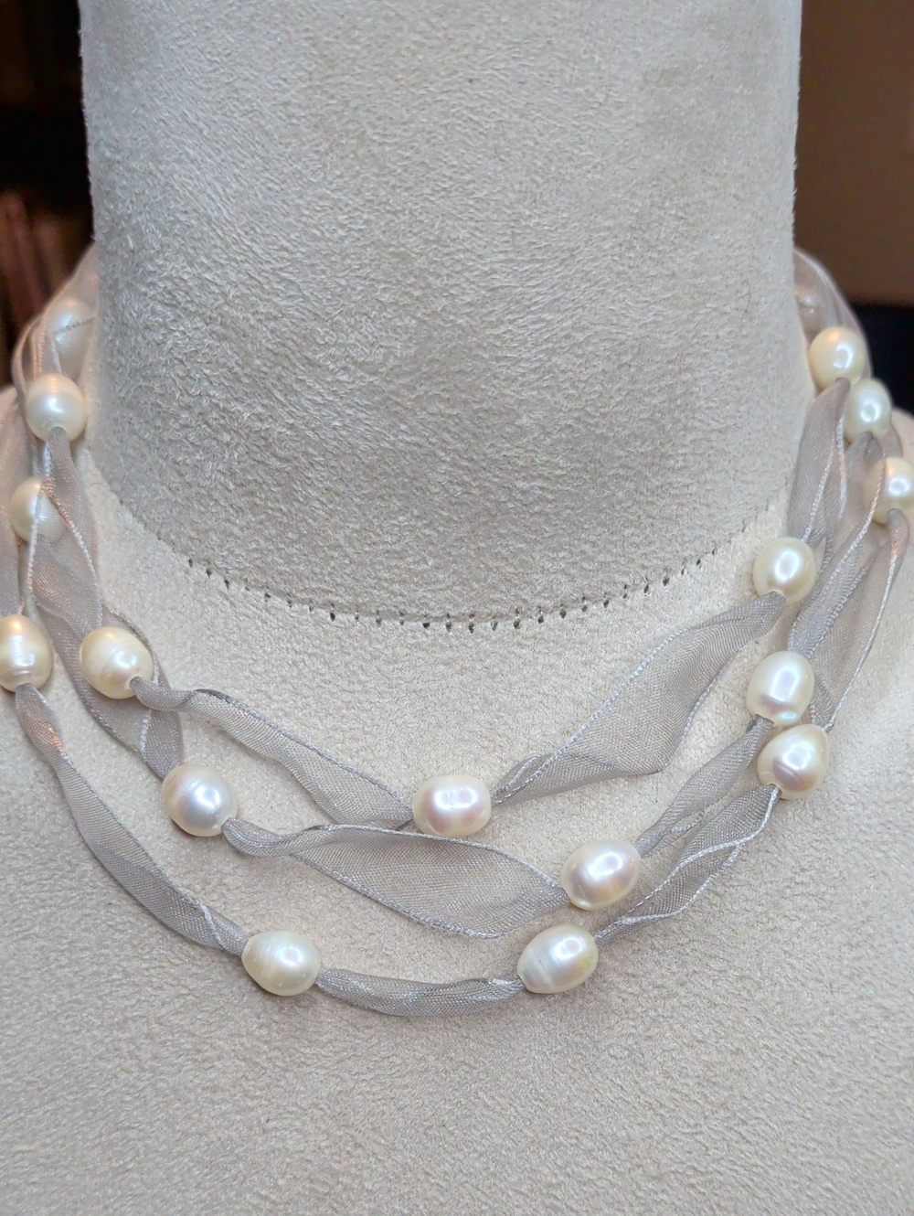 Vintage Ribbon & Freshwater Pearl Necklace Multi Strand Collar Length Elegant